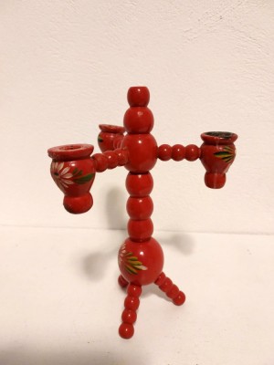 ** Suport lumanare tripod cu trei brate, lemn, rosu pictat manual cu flori, etno foto
