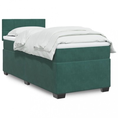 vidaXL Pat box spring cu saltea, verde &amp;icirc;nchis, 90x190 cm, catifea foto