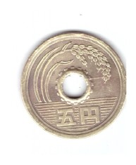 Moneda Japonia 5 yen 1992 (4), stare buna, cu pata de culoare, curata
