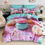 Cumpara ieftin Lenjerie de pat cu elastic,pat dublu,bumbac finet,6 piese, imprimeu 5D imprimeu macarons si prajituri colorate-A1237