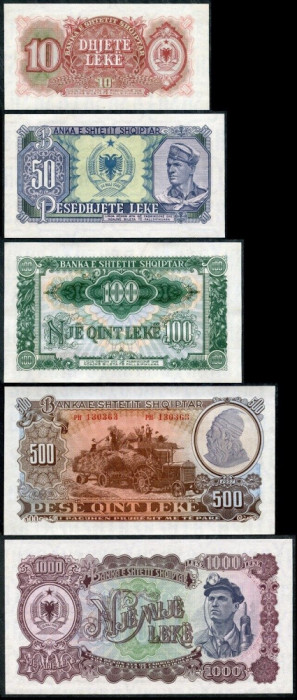 Bancnota Albania 10 - 1.000 Leke 1957 - P28-32 ( set complet x5 )