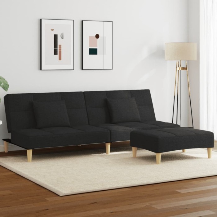 vidaXL Canapea extensibilă cu taburet, 2 locuri, negru, textil 3258105