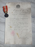 Brevetul + medalia Rasplata muncii pt Invatamant cls 2 din 1909, semnat Carol I