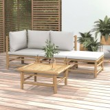 Set mobilier gradina bambus Gossi, 4 piese, perne gri deschis. Canapea, taburet, masa