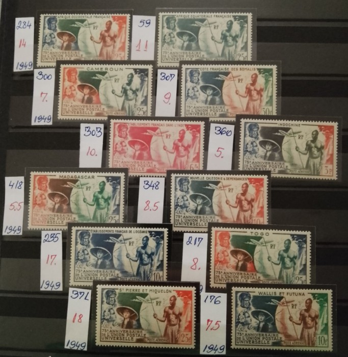 Polynesia , Colonii franceze 1949 - Omnibuse , 75 ani U.P.U. ,, 12 colonii franceze, serii de cate 1 valoare , dantelate , MNH
