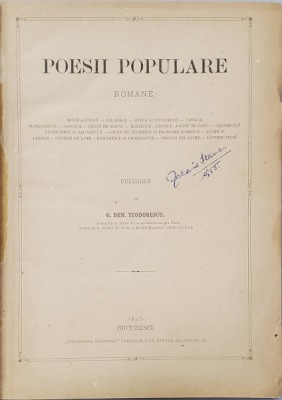 POESII POPULARE ROMANE, CULEGERE de G. DEM . TEODORESCU - BUCURESTI, 1885* Exemplarul lui Zaharia Stancu foto