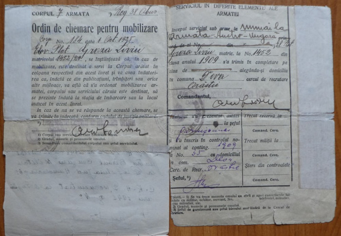 Ordin de chemare pentru mobilizare , Regimentul 38 Obuziere , Groza Liviu , 1925