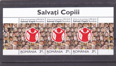 ROMANIA 2010 LP 1867- 20 DE ANI ACTIVITATE SALVATI COPII TRIPTIC CU TABS-URI MNH foto