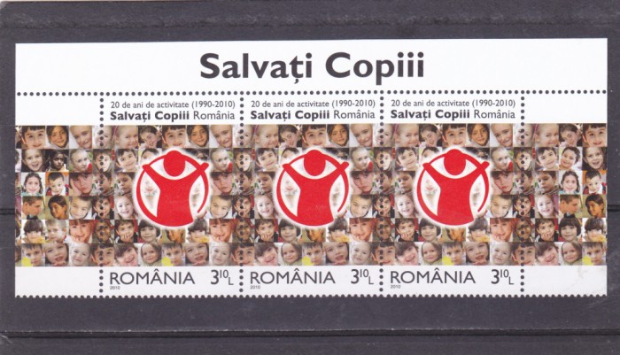 ROMANIA 2010 LP 1867- 20 DE ANI ACTIVITATE SALVATI COPII TRIPTIC CU TABS-URI MNH