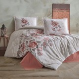 Cumpara ieftin Lenjerie pat dublu,bumbac ranforce,4 piese,bej deschis crem cu flori,Minda-A1303