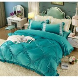 Cumpara ieftin Lenjerie de Pat, din Catifea cu Broderie pentru Pat Dublu, 4 Piese, Turcoaz - JOJ192