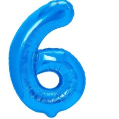 Balon din folie metalizata flippy, figurina cifra, tema aniversare 80 cm, ambalaj individual, pai inclus, umflare cu aer sau heliu, albastru, cifra 6