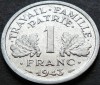 Moneda istorica 1 FRANC - FRANTA, anul 1943 *cod 4670 = luciu de batere, Europa, Aluminiu