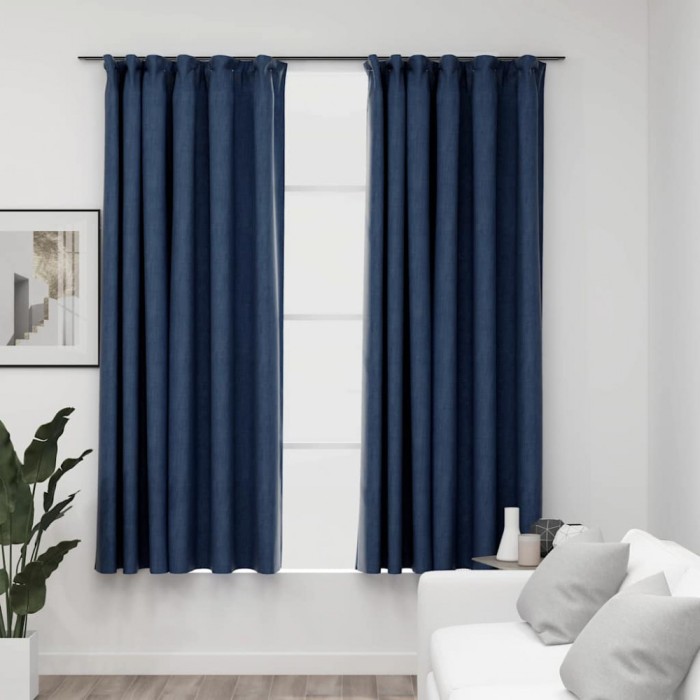 vidaXL Draperii opace aspect in, cu c&acirc;rlige 2 buc. albastru 140x175 cm