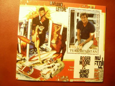 Bloc Turkmenistan 2001 Roger Moore in James Bond , cu pliu pe colt foto