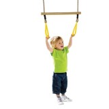 Leagan Trapez Lemn KBT cu Inele Plastic Galben, Franghie PP, 2-2.4m, Max 50kg, Jucarie Gradina, Exterior
