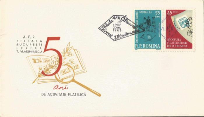 Rom&acirc;nia, 5 ani de act. filatelică, Cercul T. Vladimirescu, plic, Bucureşti, 1963