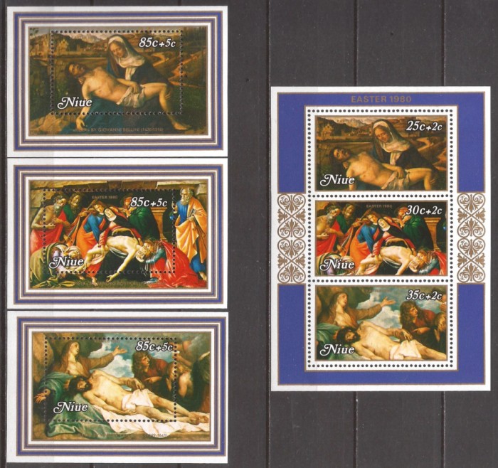 NIUE 1980 PICTURA PASTE ( bloc + 3 colite de lux dt.) MNH