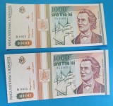 Bancnota Lot x 2 serie consecutiva 1000 Lei 1993 in stare foarte buna