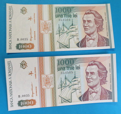 Bancnota Lot x 2 serie consecutiva 1000 Lei 1993 in stare foarte buna foto