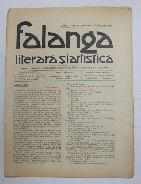 FALANGA LITERARA SI ARTISTICA , ZIAR SAPTAMANAL , ANUL I, NR. 8, DUMINICA 28 FEBRUARIE , 1910