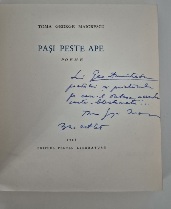 Carte cu autograf Toma George Maiorescu Pasi peste ape Versuri