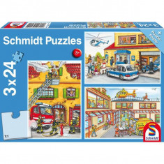 Puzzle Schmidt: Pompierii și poliția, set de 3 puzzle-uri x 24 piese + cadou: poster