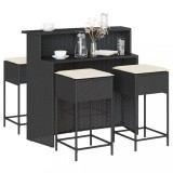 Set mobilier bar de grădină cu perne, 5 piese, negru, poliratan