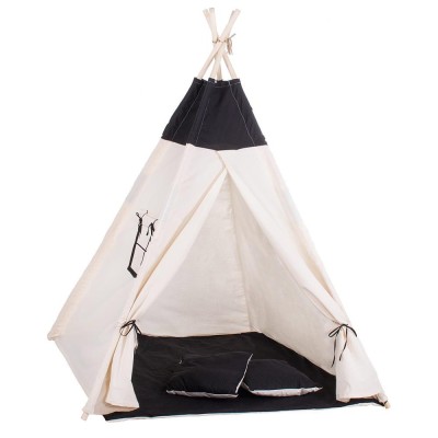 Cort copii Sersimo stil indian Teepee Tent cu fereastra, covoras gros si 2 perne, alb negru Household NewTrend foto