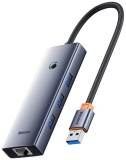 DOCKING STATION Baseus UltraJoy 4 in 1, input USB, output 3 x USB 3.0 / 1 x LAN Gigabit RJ45, 1 x USB Type-C, gri &quot;B0005280B811-12&quot; (timbru verde 0.18