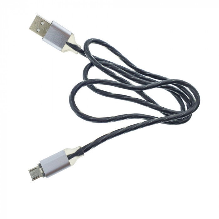 Cablu cu iluminare LED multicolor, 90 cm, conectori USB 2.0 tata la microUSB tata, 5V 1.5A, invelis de protectie, negru