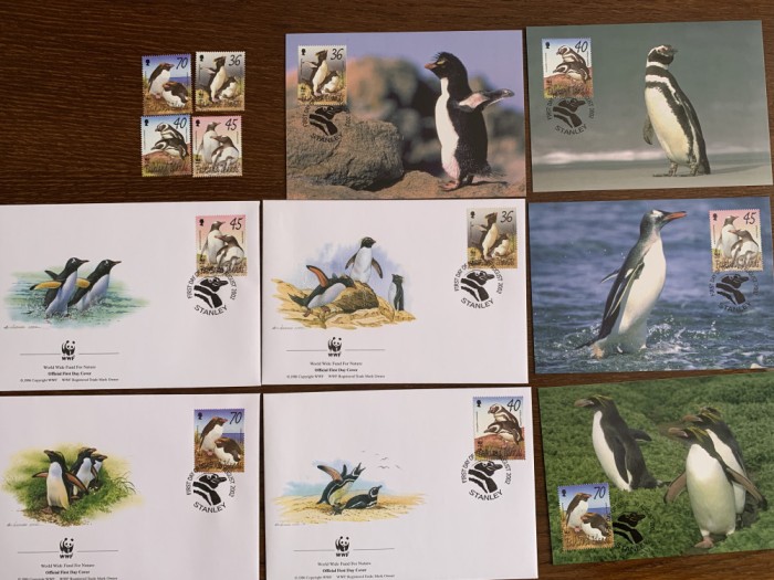 falkland - pinguini - serie 4 timbre MNH, 4 FDC, 4 maxime, fauna wwf