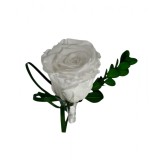 Floare de piept personalizabila, Cocarda, Trandafir criogenat mare alb si Frunze naturale criogenate verzi