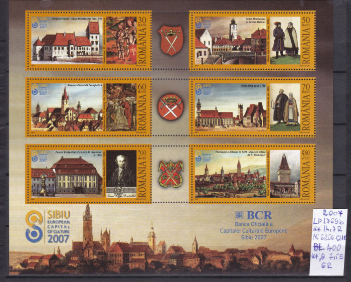 2007 Sibiu Capitala Culturala Europeana LP1769b, Bl.400 MNH Pret 5,5+1Lei