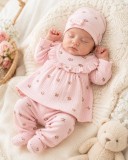 Compleu nou nascut fetite cu bluzita, pantaloni, caciulita, manusi si bavetica,