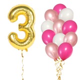 Set Baloane Aniversare 3 Ani Fata, Roz/Rose Gold, 13 Buc Ropet - Balon Folie Cifra 81cm + 12 Latex 30cm, Decor Petrecere Copii