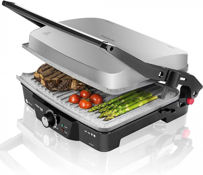 Grill Cecotec 2 in 1, Rock nGrill 2000 W, regulator de putere, piatra antiaderenta, gratar electric si aparat de facut sandvisuri