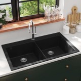 Chiuvetă de bucătărie din granit &icirc;ncastrată, cu două cuve, neagră