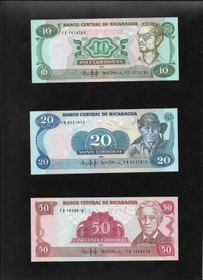 Set Nicaragua 10 + 20 + 50 cordobas 1985 unc foto