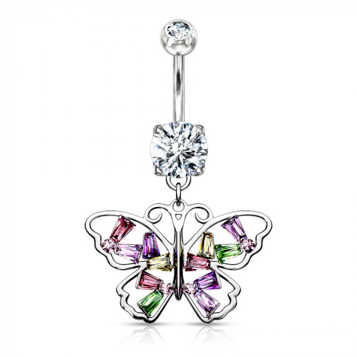 Piercing pentru buric din oțel 316L, placat cu rodiu &ndash; fluture, zirconiu transparent, zirconii colorate