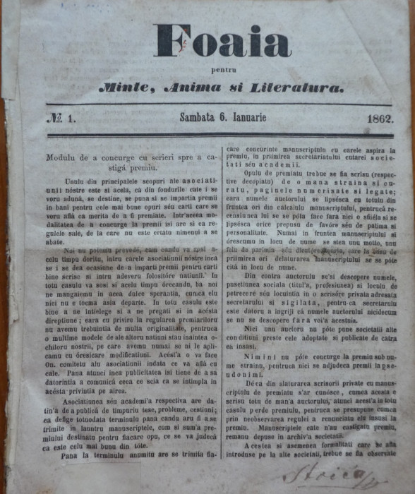 Foaia pentru minte , inima si literatura , nr. 1 , 1862 , Brasov , I. Muresanu