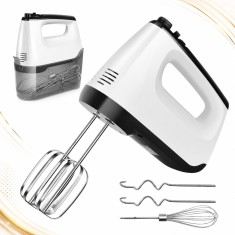 Mixer de Mana Pudding, 400 W, 6 Viteze, Functie Turbo, Cutie Depozitare, 2 Teluri si 2 Carlige din Inox, Alb/Negru