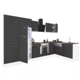 Dulap de bucătărie de colț Yorki 340, corp alb, față antracit satinat, element cuptor inferior, dulap cu raft, frigider congelator superior