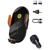 Suport auto pentru telefon, Incarcare wirless 15W, Senzor inflarosu, Pad din silicon, Rotire 360&deg;, Control tactil