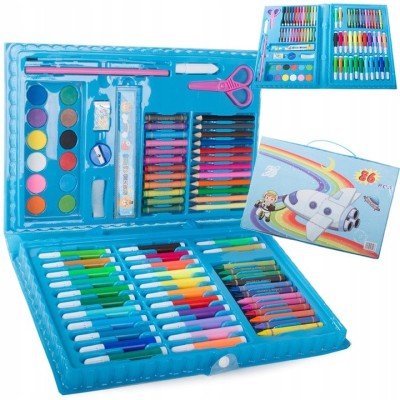 Set de pictura si desen pentru copii WePro Store, 86 piese, creioane colorate, pasteluri de ulei, acuarele, Albastru foto