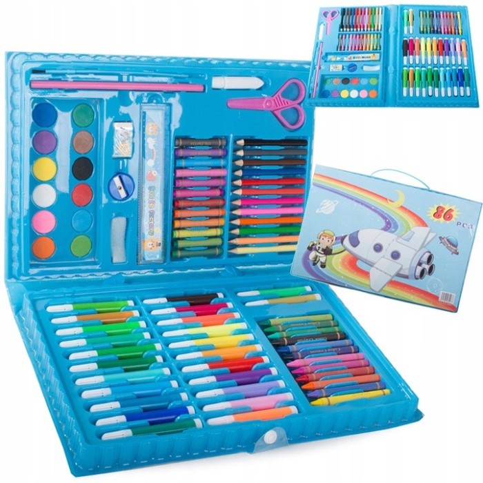 Set de pictura si desen pentru copii WePro Store, 86 piese, creioane colorate, pasteluri de ulei, acuarele, Albastru