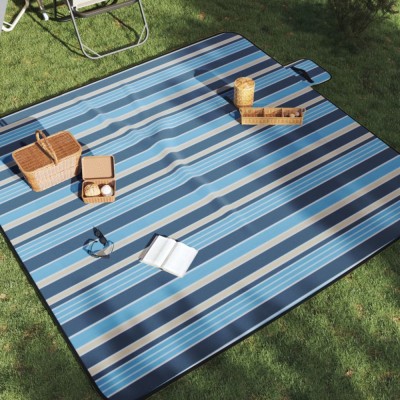 vidaXL Pătură picnic pliabilă, dungi albastre alb, 200x200 cm catifea foto