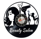 Ceas de perete decorativ realizat din disc de vinil, Model Beauty Salon, Profil Femeie, Coafeza, Uscator, Foarfeca si Scaun, Negru Premium, 30 cm