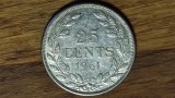 Liberia - moneda colectie argint 0.900 - 25 cents 1961 - exotica, stare f buna, Africa