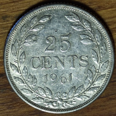 Liberia - moneda colectie argint 0.900 - 25 cents 1961 - exotica, stare f buna